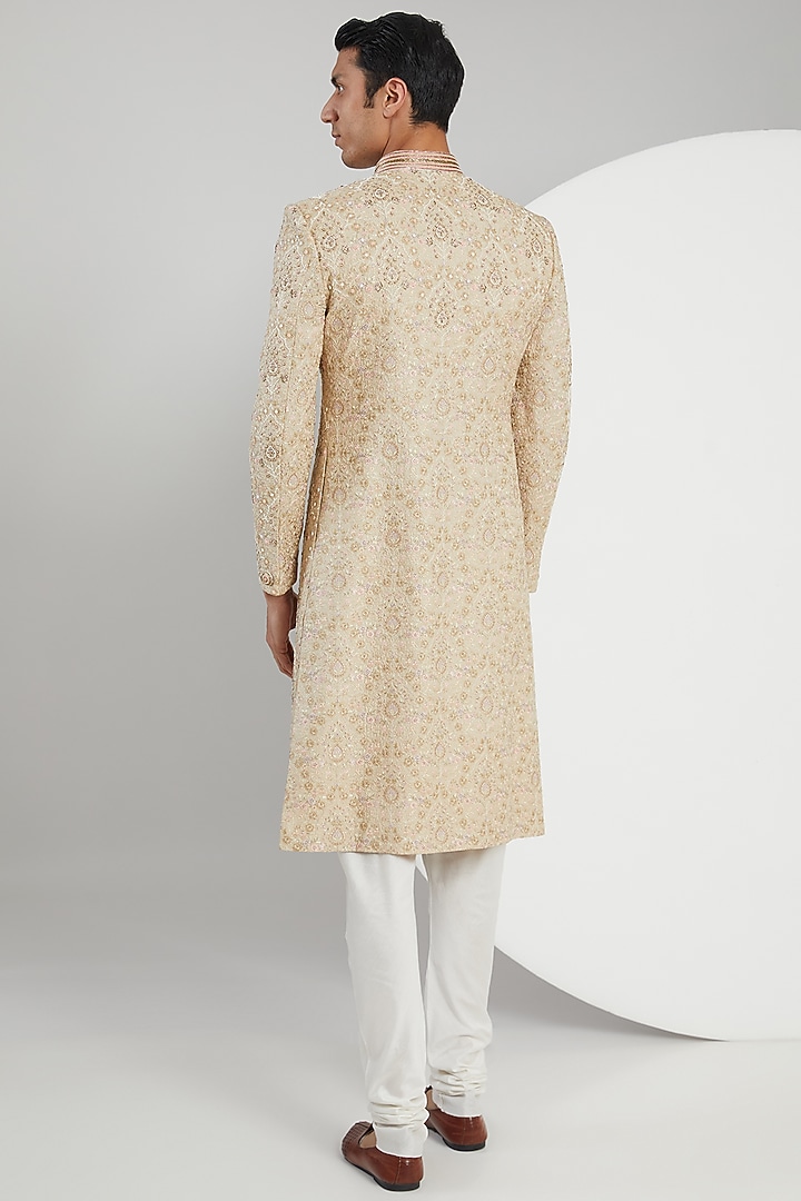 Peach Banarasi Silk Hand Embroidered Groom Sherwani Set by Zoop Men at Pernia's Pop Up Shop