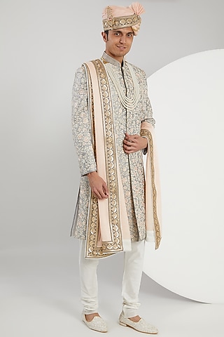 Silver Raw Silk Hand Embroidered Sherwani Set by Zoop Men