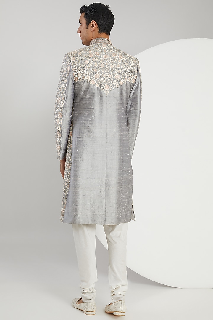 Silver Raw Silk Hand Embroidered Groom Sherwani Set by Zoop Men at Pernia's Pop Up Shop