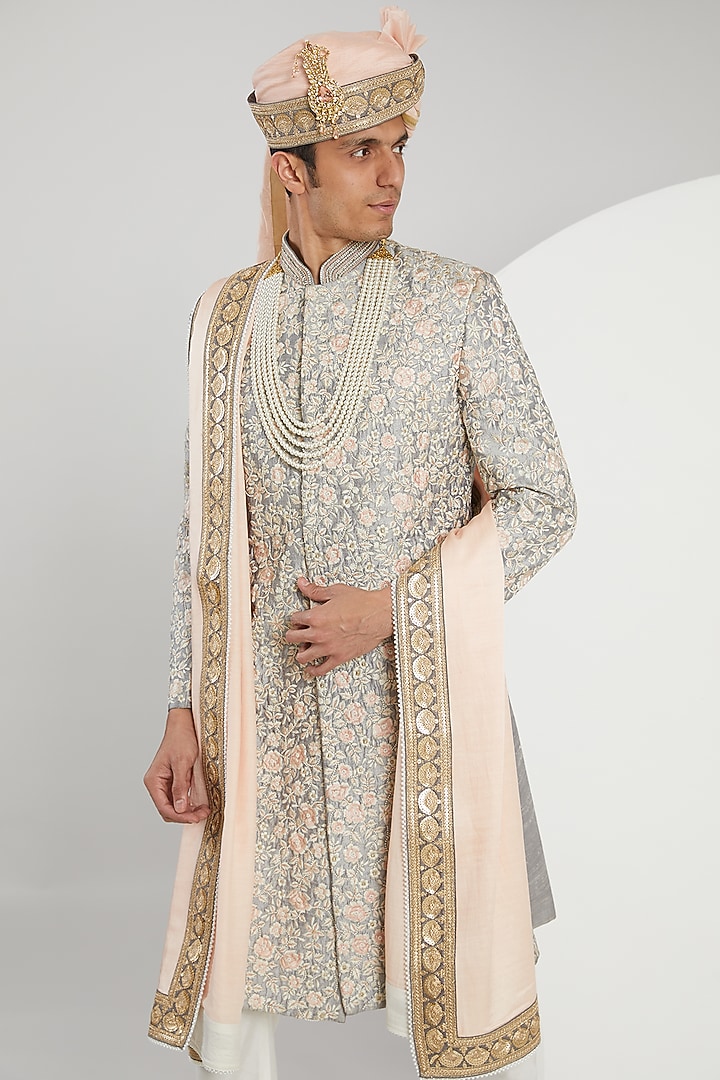 Silver Raw Silk Hand Embroidered Groom Sherwani Set by Zoop Men at Pernia's Pop Up Shop
