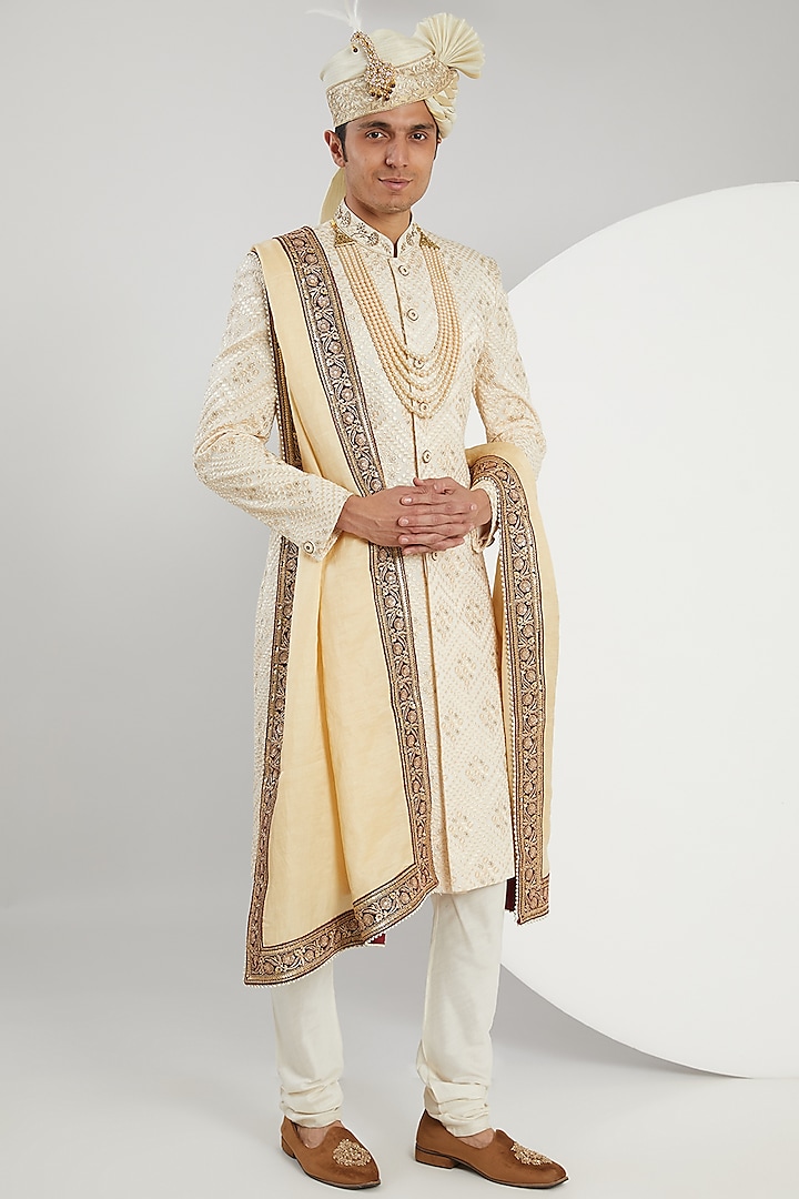 Gold Georgette Jacquard Embroidered Sherwani Set by Zoop Men
