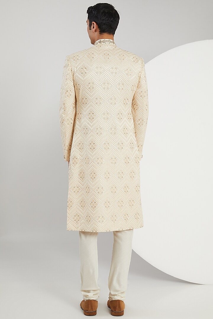 Gold Georgette Jacquard Embroidered Wedding Sherwani Set by Zoop Men at Pernia's Pop Up Shop
