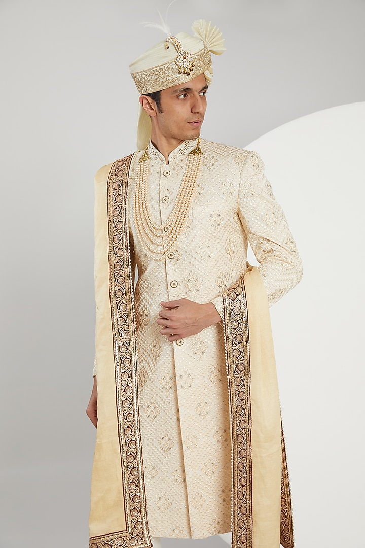 Gold Georgette Jacquard Embroidered Wedding Sherwani Set by Zoop Men at Pernia's Pop Up Shop