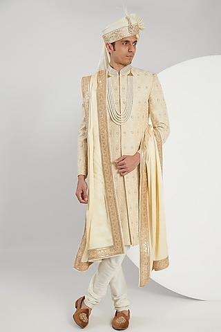 Yellow Raw Silk Hand Embroidered Sherwani Set by Zoop Men