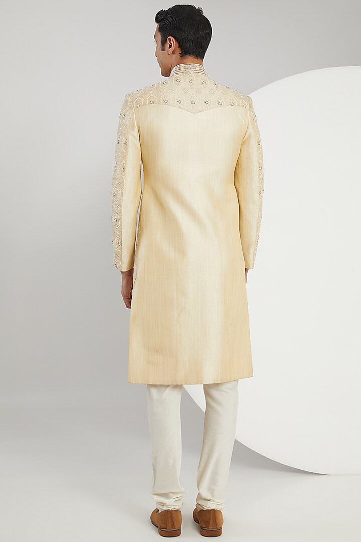 Yellow Raw Silk Hand Embroidered Groom Sherwani Set by Zoop Men at Pernia's Pop Up Shop