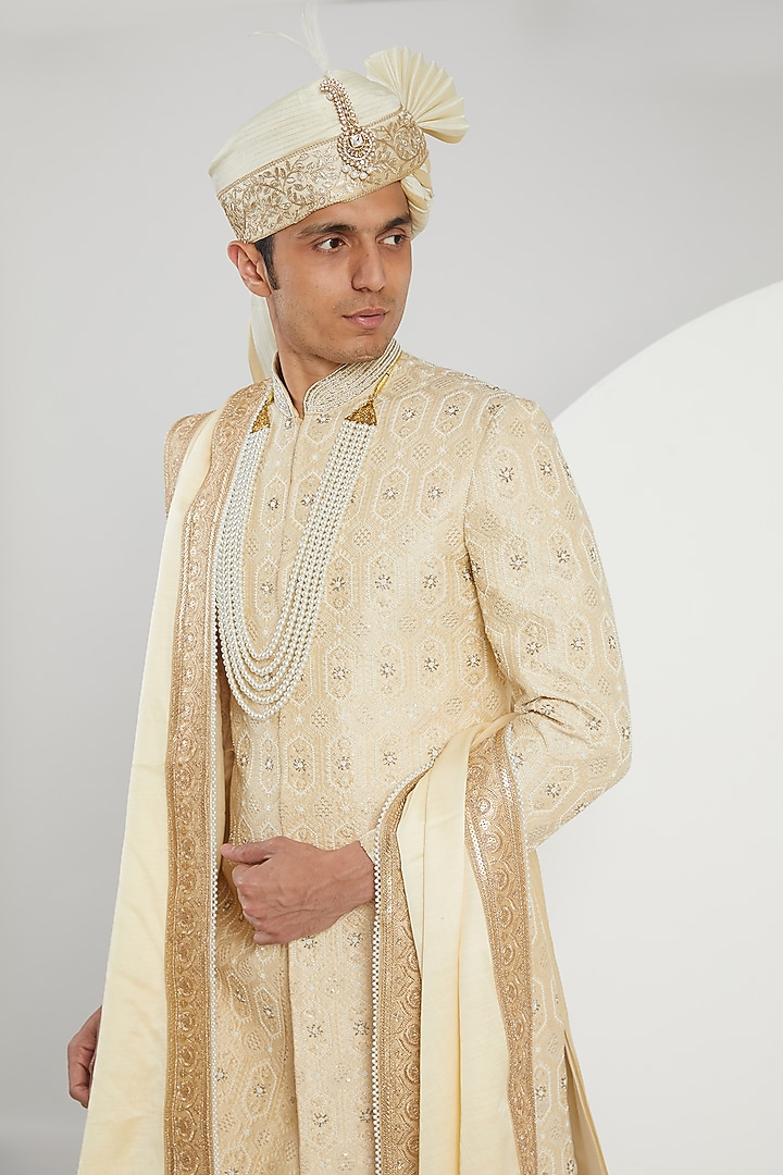 Yellow Raw Silk Hand Embroidered Groom Sherwani Set by Zoop Men at Pernia's Pop Up Shop
