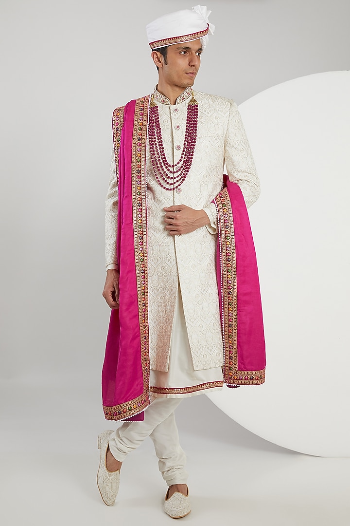 Ivory Cotton Silk Embroidered Groom Sherwani Set by Zoop Men at Pernia's Pop Up Shop