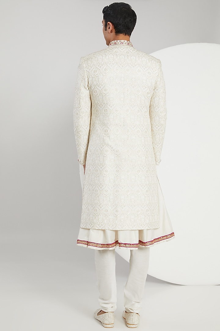 Ivory Cotton Silk Embroidered Groom Sherwani Set by Zoop Men at Pernia's Pop Up Shop