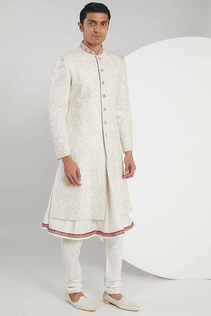 Ivory Cotton Silk Embroidered Groom Sherwani Set by Zoop Men at Pernia's Pop Up Shop