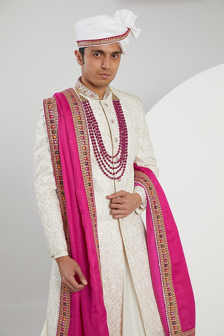 Ivory Cotton Silk Embroidered Groom Sherwani Set by Zoop Men at Pernia's Pop Up Shop