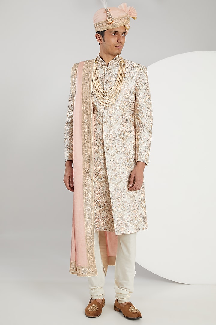 Multi-Colored Cotton Silk Hand Embroidered Groom Sherwani Set by Zoop Men at Pernia's Pop Up Shop
