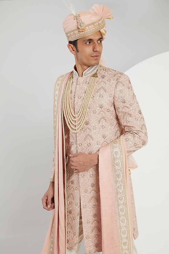 Pink Cotton Silk Hand Embroidered Groom Sherwani Set by Zoop Men at Pernia's Pop Up Shop