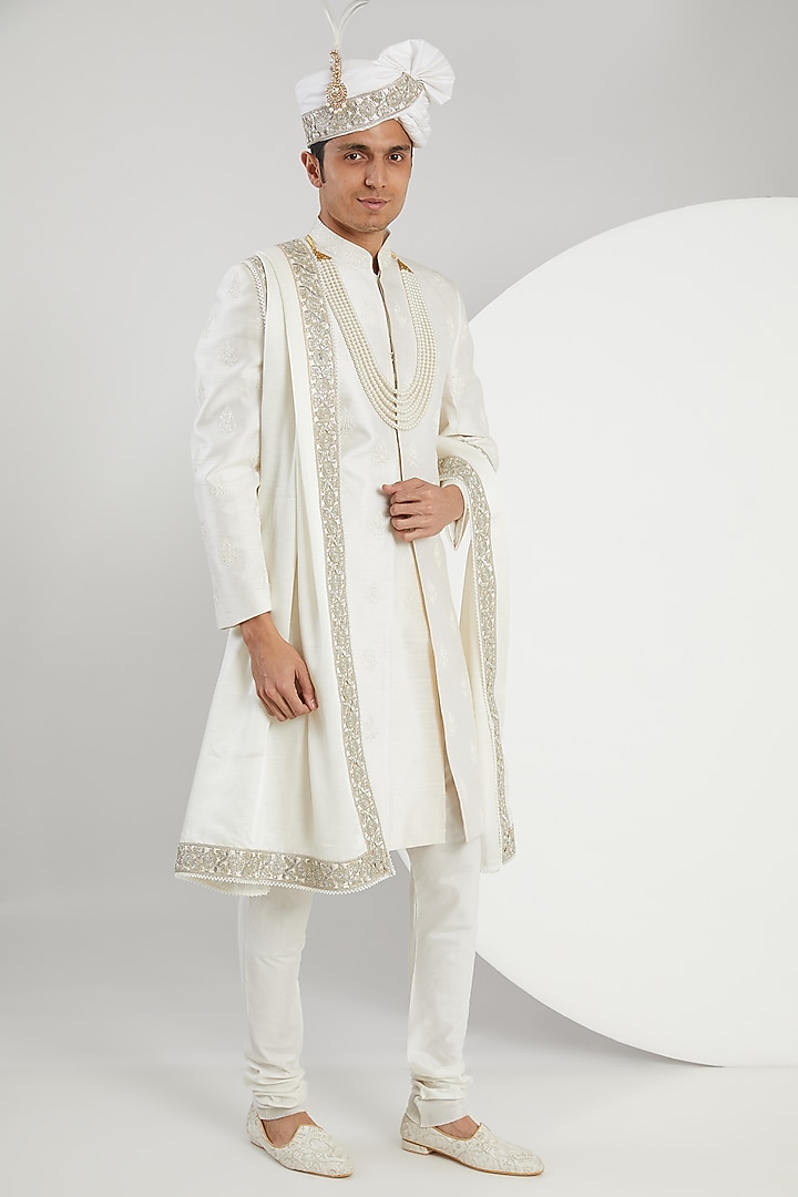White Raw Silk Hand Embroidered Groom Sherwani Set by Zoop Men at Pernia's Pop Up Shop