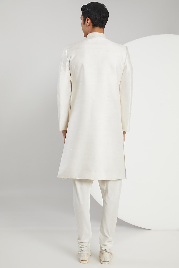 White Raw Silk Hand Embroidered Groom Sherwani Set by Zoop Men at Pernia's Pop Up Shop