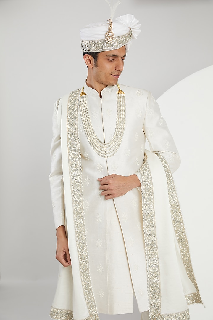 White Raw Silk Hand Embroidered Groom Sherwani Set by Zoop Men at Pernia's Pop Up Shop