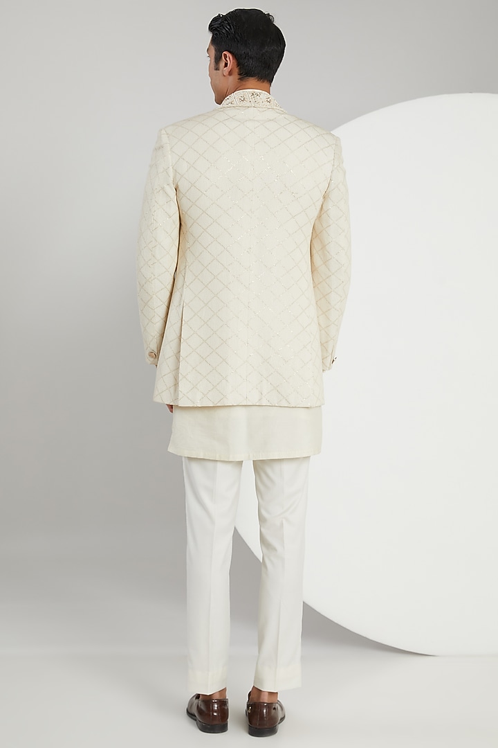 Cream Jacquard Hand Embroidered Wedding Indowestern Set by Zoop Men at Pernia's Pop Up Shop