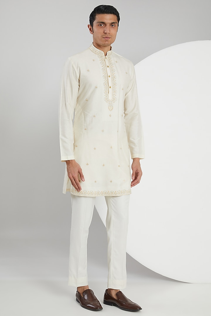 Cream Jacquard Hand Embroidered Wedding Indowestern Set by Zoop Men at Pernia's Pop Up Shop