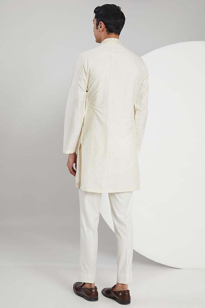 Cream Jacquard Hand Embroidered Wedding Indowestern Set by Zoop Men at Pernia's Pop Up Shop