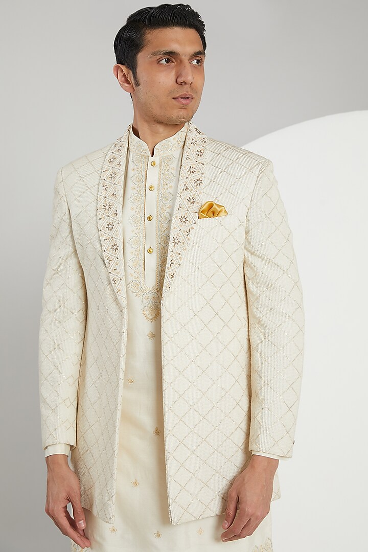 Cream Jacquard Hand Embroidered Wedding Indowestern Set by Zoop Men at Pernia's Pop Up Shop
