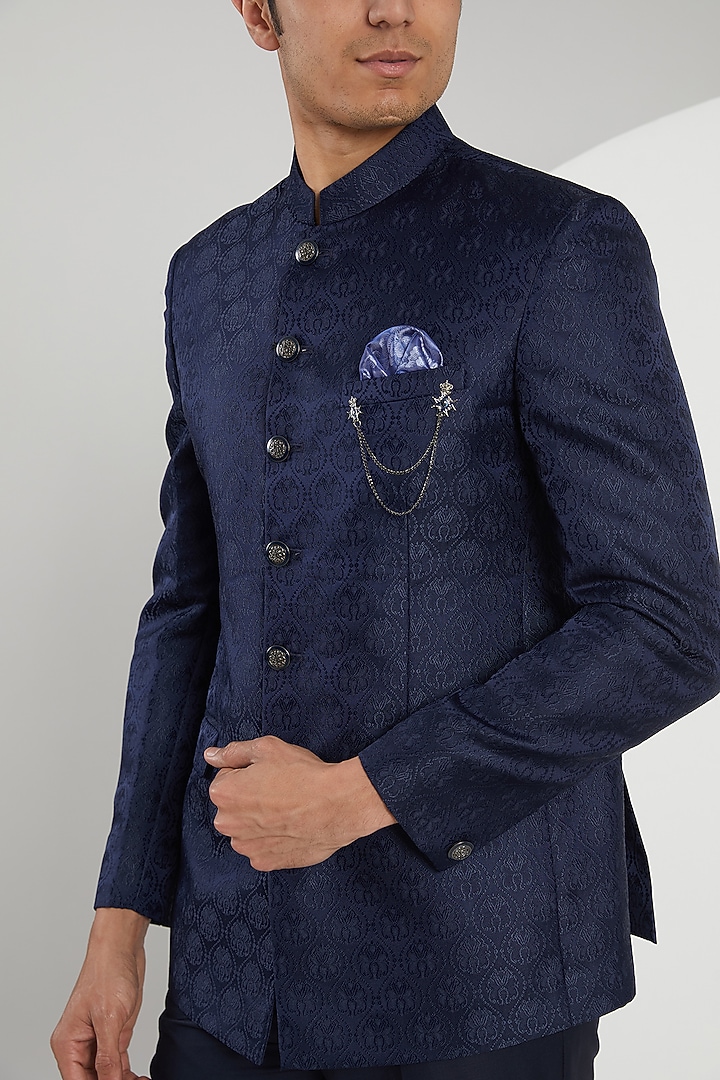 Blue Jacquard Bandhgala Set by Zoop Men at Pernia's Pop Up Shop