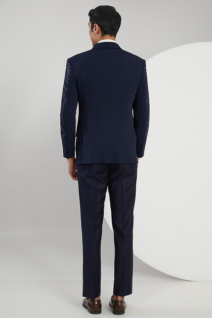 Blue Jacquard Hand Embroidered Tuxedo Set by Zoop Men at Pernia's Pop Up Shop