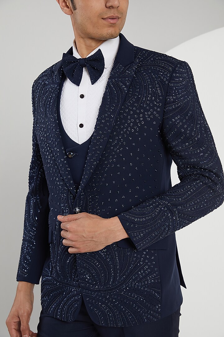 Blue Jacquard Hand Embroidered Tuxedo Set by Zoop Men at Pernia's Pop Up Shop