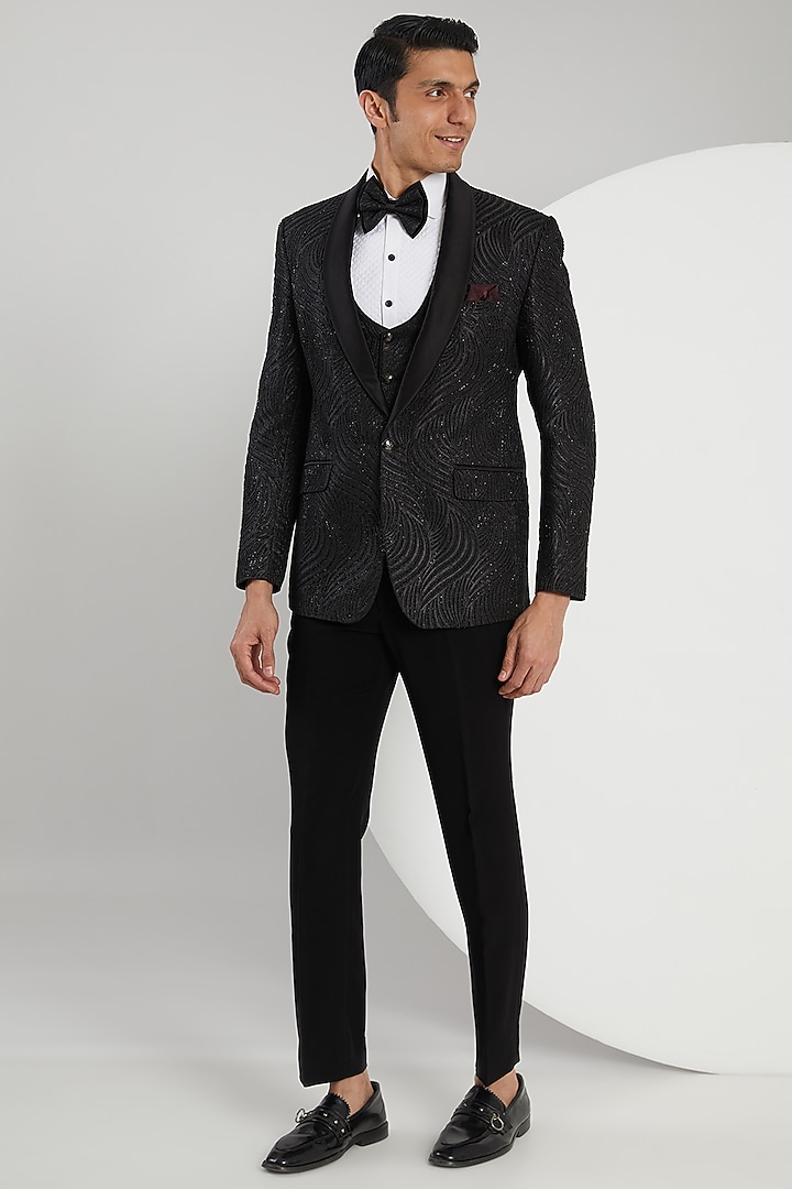 Black Jacquard Hand Embroidered Tuxedo Set by Zoop Men at Pernia's Pop Up Shop