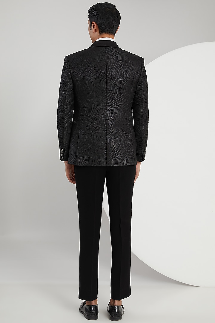 Black Jacquard Hand Embroidered Tuxedo Set by Zoop Men at Pernia's Pop Up Shop