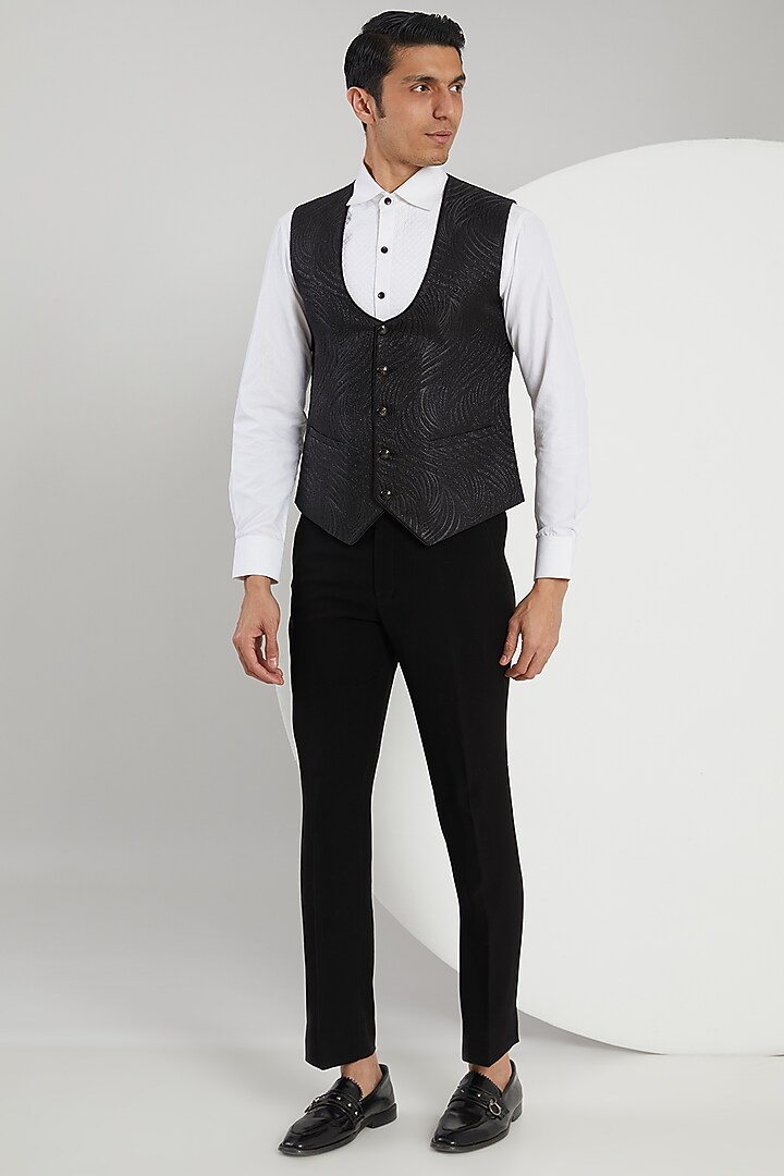 Black Jacquard Hand Embroidered Tuxedo Set by Zoop Men at Pernia's Pop Up Shop