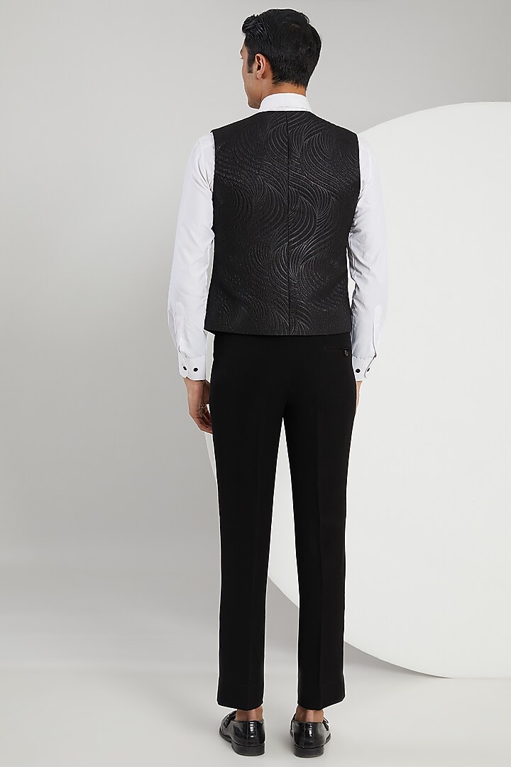 Black Jacquard Hand Embroidered Tuxedo Set by Zoop Men at Pernia's Pop Up Shop