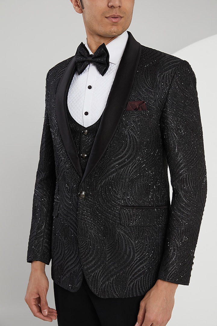 Black Jacquard Hand Embroidered Tuxedo Set by Zoop Men at Pernia's Pop Up Shop