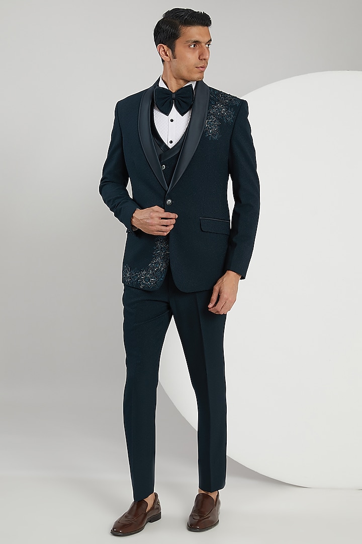 Dark Teal Jacquard Hand Embroidered Tuxedo Set by Zoop Men
