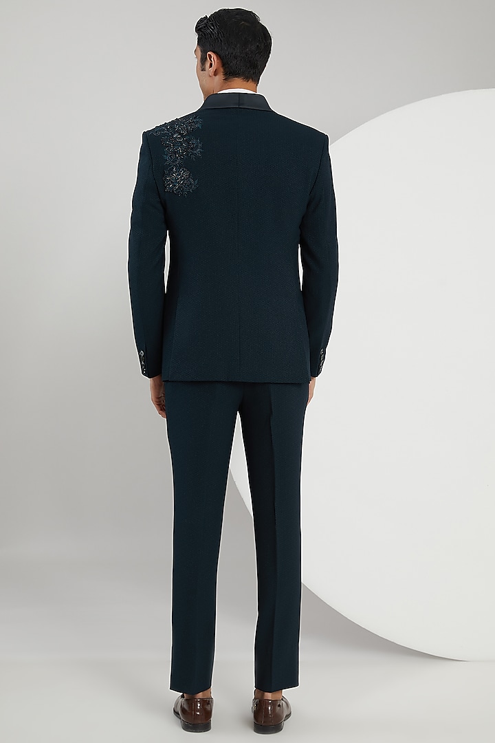 Dark Teal Jacquard Hand Embroidered Tuxedo Set by Zoop Men at Pernia's Pop Up Shop