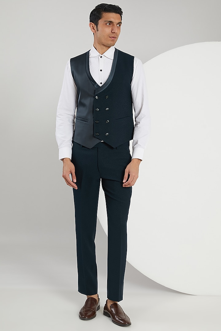 Dark Teal Jacquard Hand Embroidered Tuxedo Set by Zoop Men at Pernia's Pop Up Shop