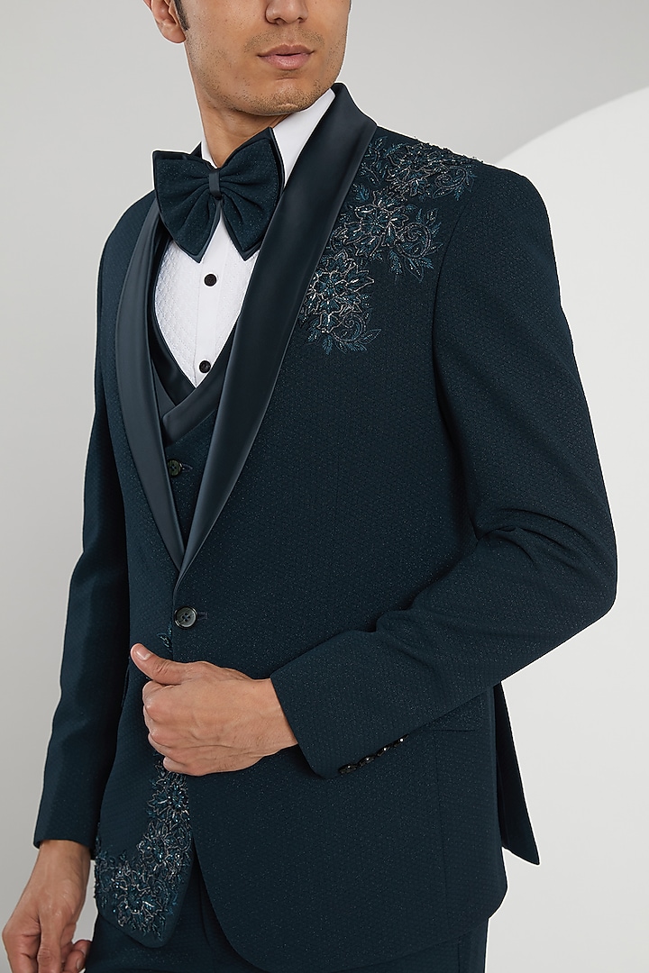 Dark Teal Jacquard Hand Embroidered Tuxedo Set by Zoop Men at Pernia's Pop Up Shop