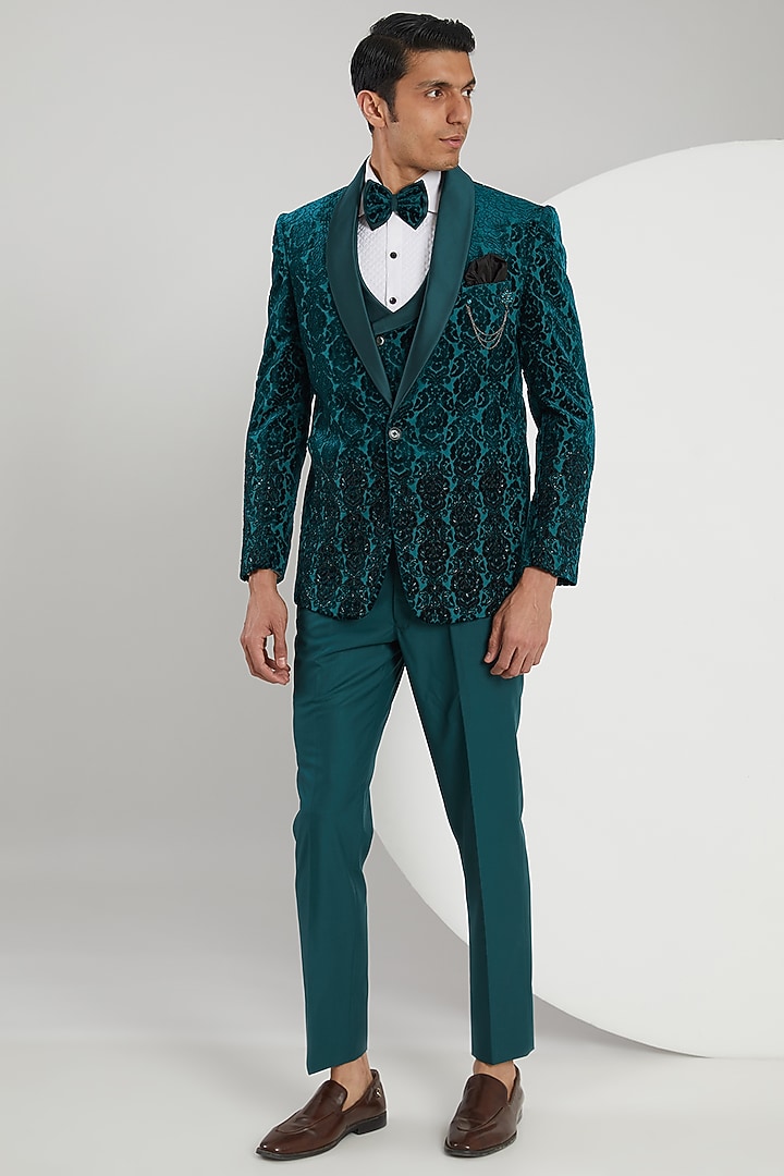 Teal Velvet Hand Embroidered Tuxedo Set by Zoop Men at Pernia's Pop Up Shop