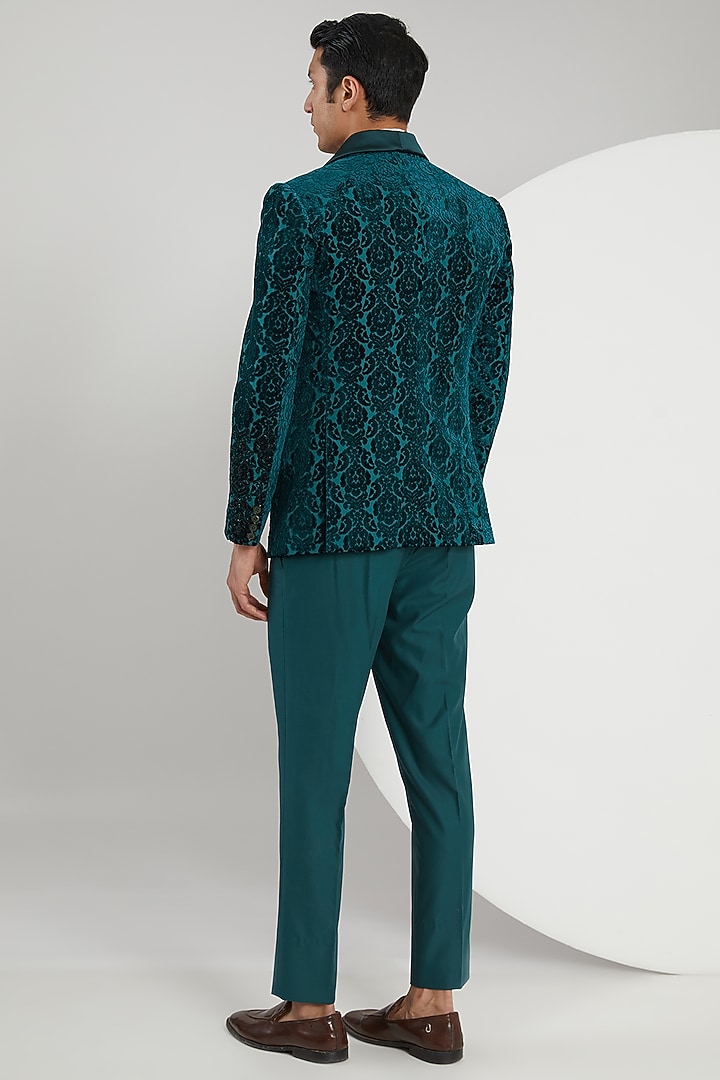 Teal Velvet Hand Embroidered Tuxedo Set by Zoop Men at Pernia's Pop Up Shop