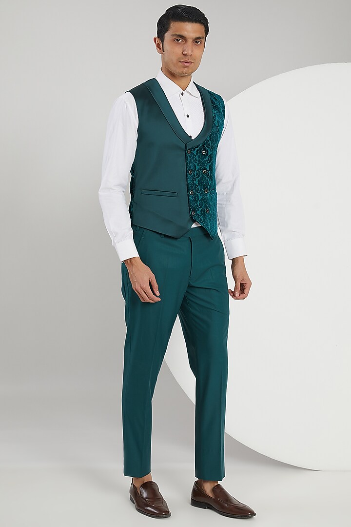 Teal Velvet Hand Embroidered Tuxedo Set by Zoop Men at Pernia's Pop Up Shop