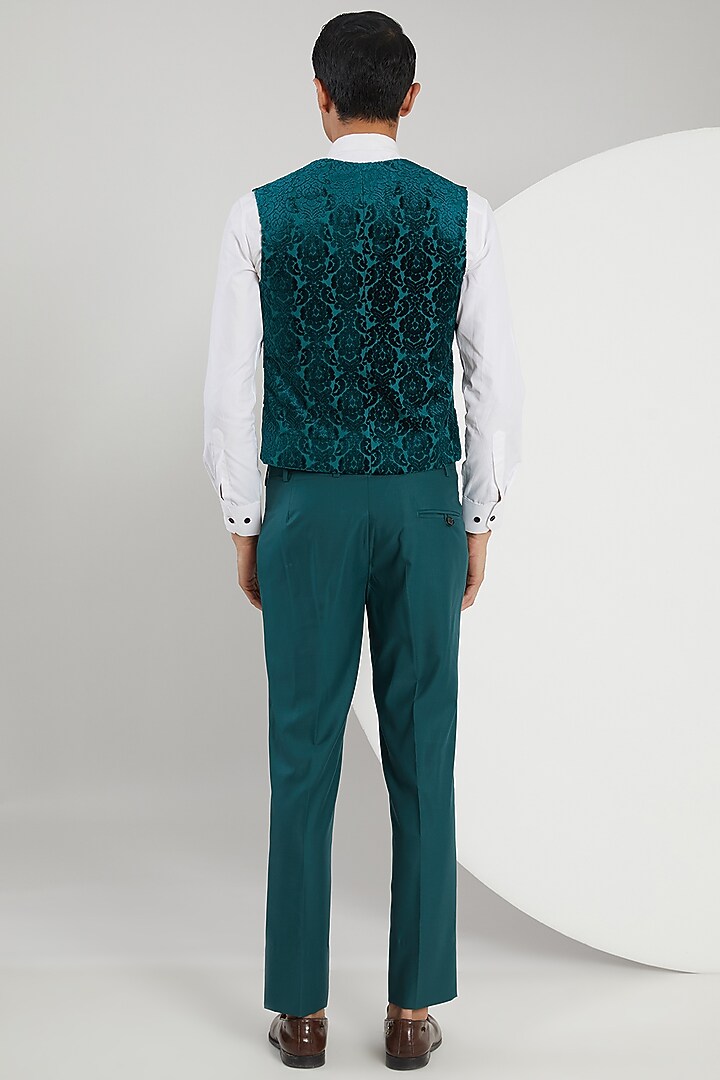 Teal Velvet Hand Embroidered Tuxedo Set by Zoop Men at Pernia's Pop Up Shop