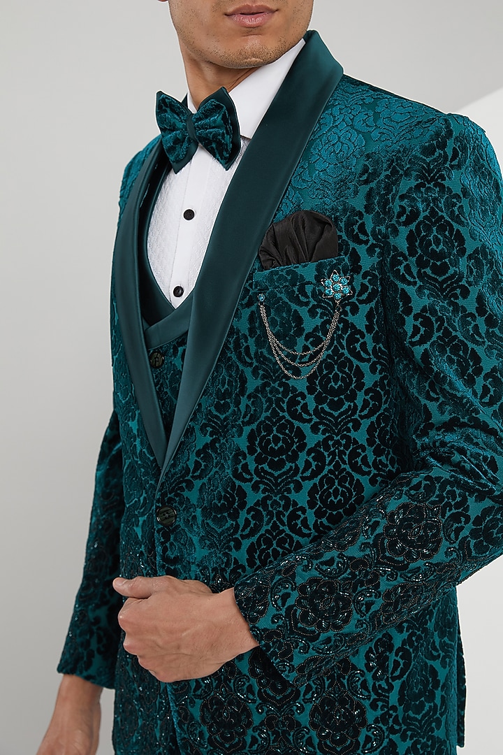 Teal Velvet Hand Embroidered Tuxedo Set by Zoop Men at Pernia's Pop Up Shop
