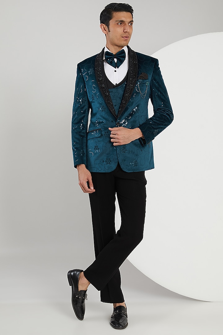 Teal Velvet Hand Embroidered Tuxedo Set by Zoop Men at Pernia's Pop Up Shop