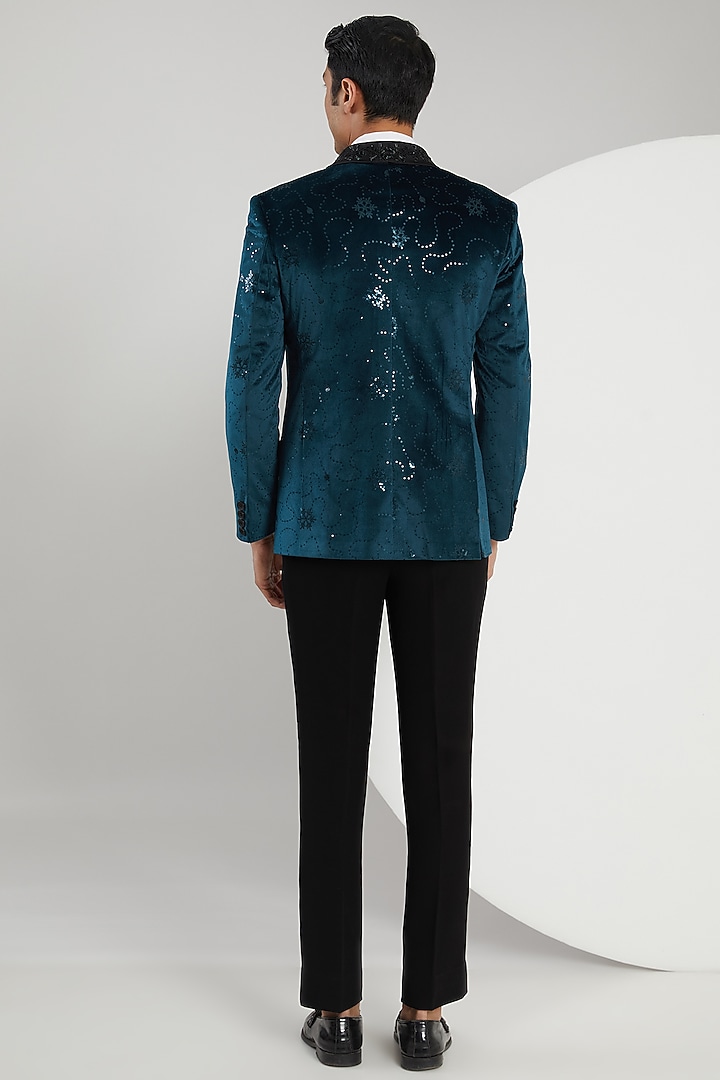 Teal Velvet Hand Embroidered Tuxedo Set by Zoop Men at Pernia's Pop Up Shop