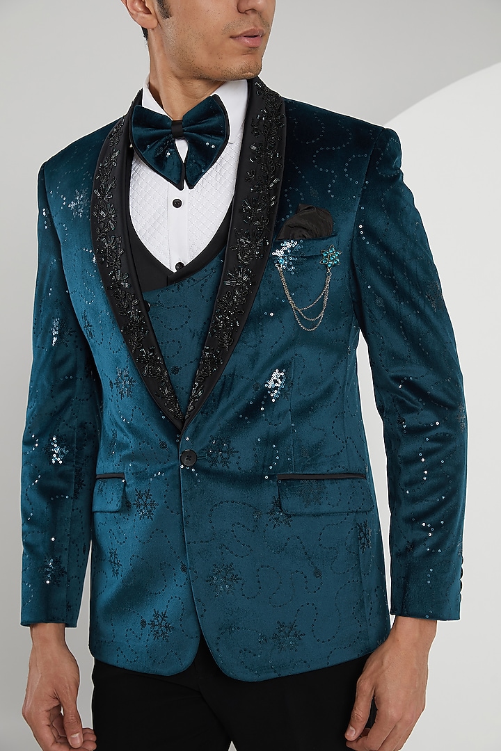 Teal Velvet Hand Embroidered Tuxedo Set by Zoop Men at Pernia's Pop Up Shop