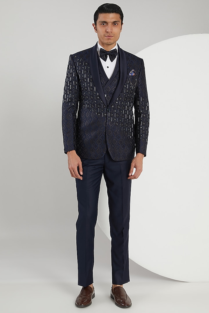 Blue Jacquard Hand Embroidered Tuxedo Set by Zoop Men
