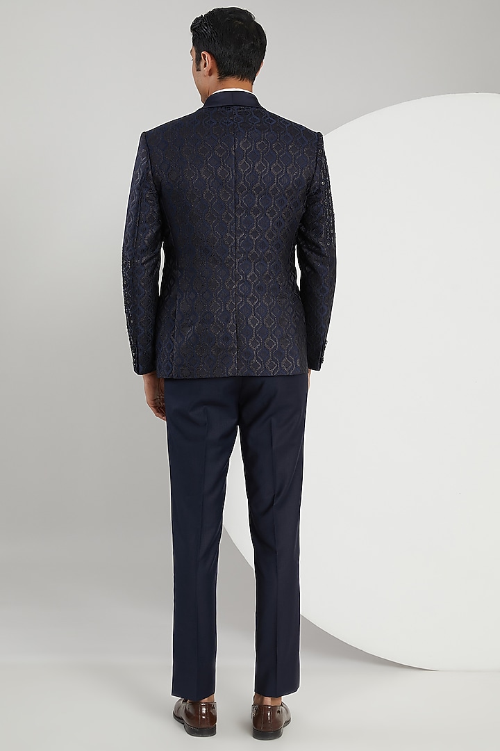 Blue Jacquard Hand Embroidered Tuxedo Set by Zoop Men at Pernia's Pop Up Shop