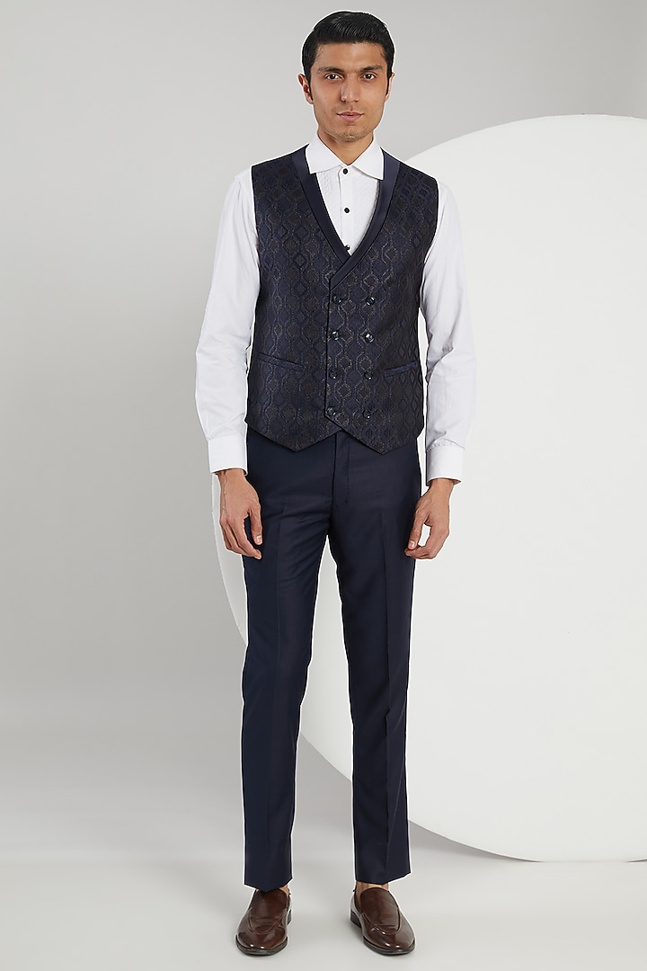 Blue Jacquard Hand Embroidered Tuxedo Set by Zoop Men at Pernia's Pop Up Shop