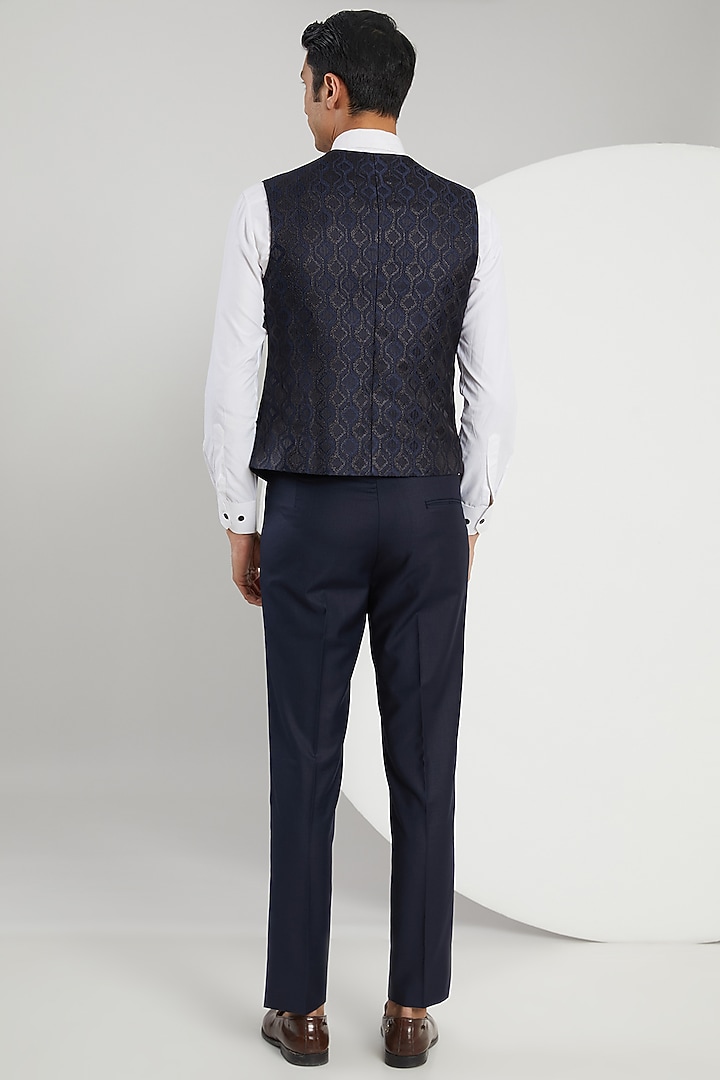 Blue Jacquard Hand Embroidered Tuxedo Set by Zoop Men at Pernia's Pop Up Shop