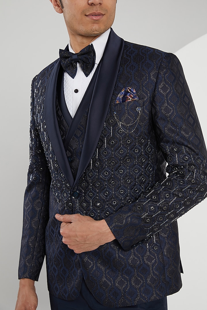 Blue Jacquard Hand Embroidered Tuxedo Set by Zoop Men at Pernia's Pop Up Shop
