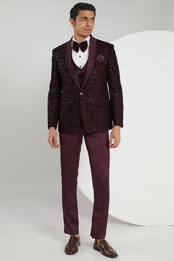 Wine Micro Velvet Hand Embroidered Tuxedo Set by Zoop Men at Pernia's Pop Up Shop