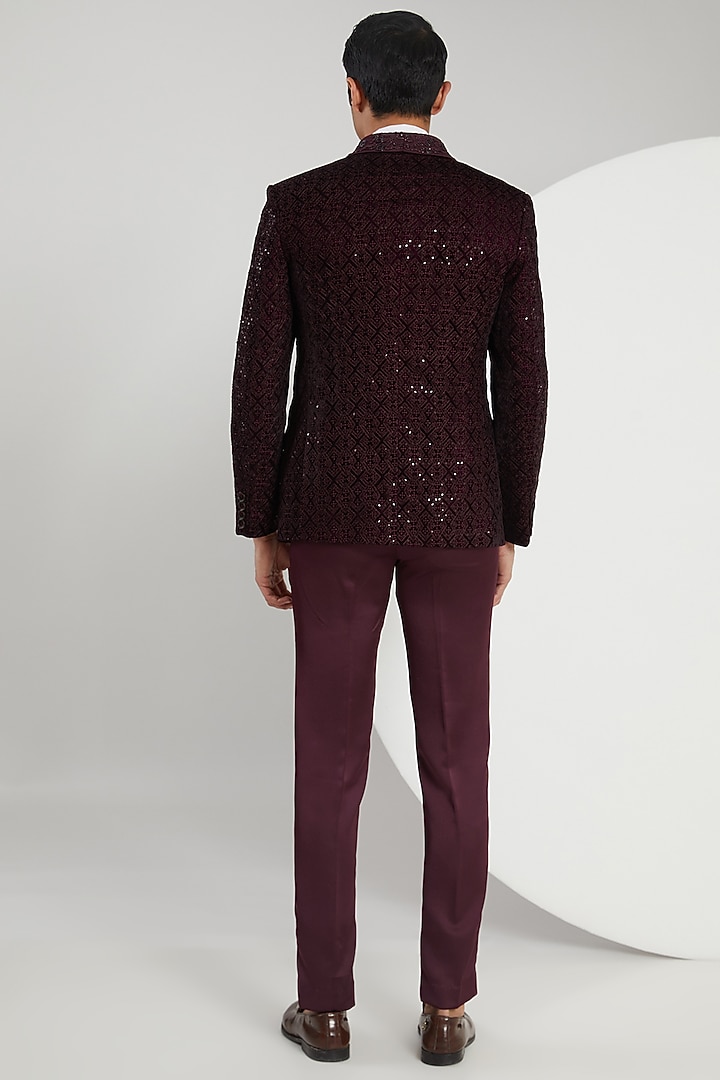 Wine Micro Velvet Hand Embroidered Tuxedo Set by Zoop Men at Pernia's Pop Up Shop